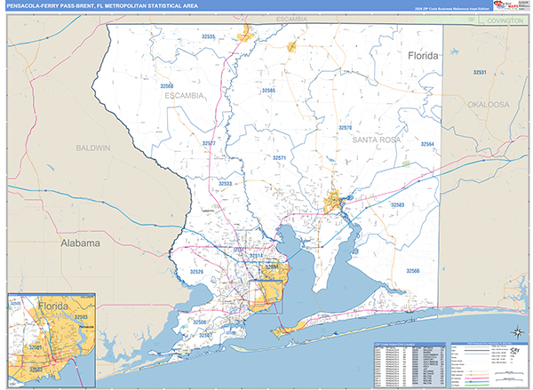 Pensacola-Ferry Pass-Brent Metro Area Wall Map Basic Style